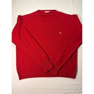 Burberry London Red V-Neck Lambswool Sweater Mens XL Embroidered Logo Italy